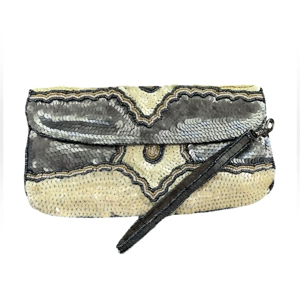 Ecote Ivory and Gray Beaded and Sequin Clutch Wristlet
